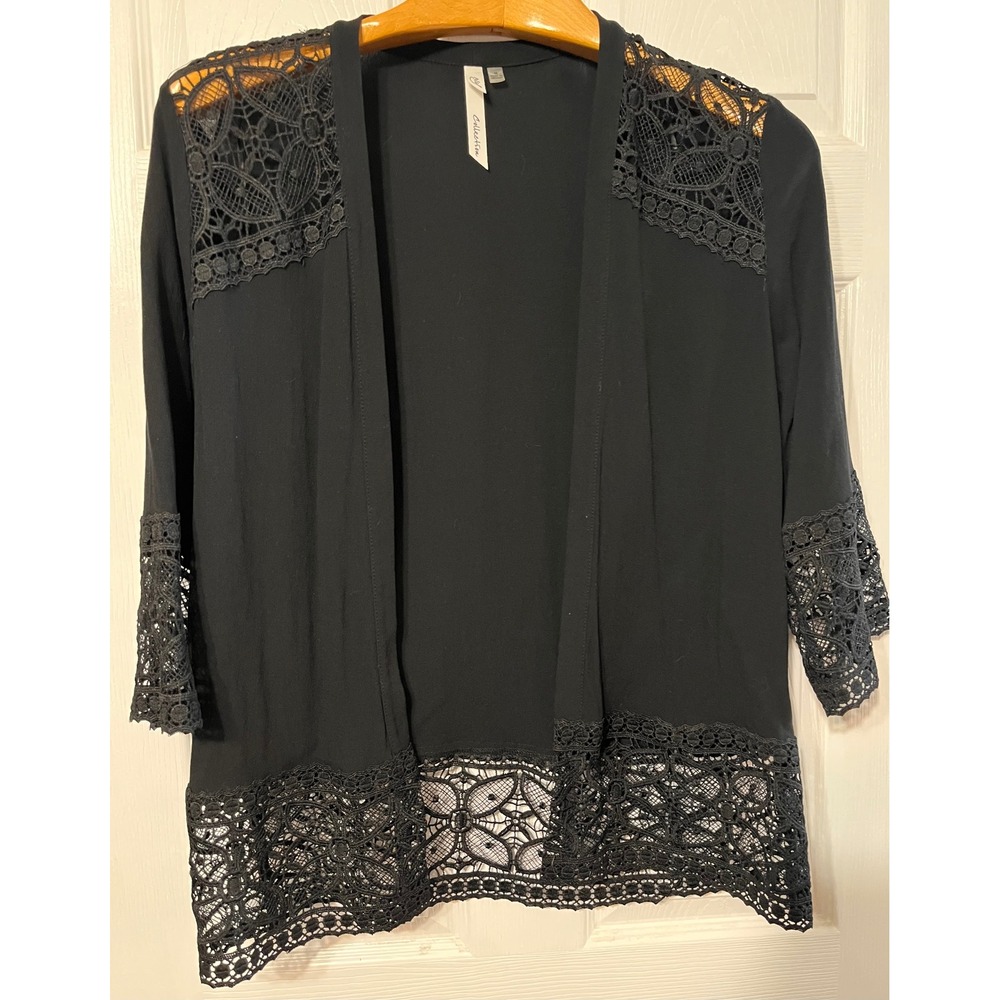 NY Collection‎ women's Black Crochet Lace Trim Open Front Cardigan Medium
